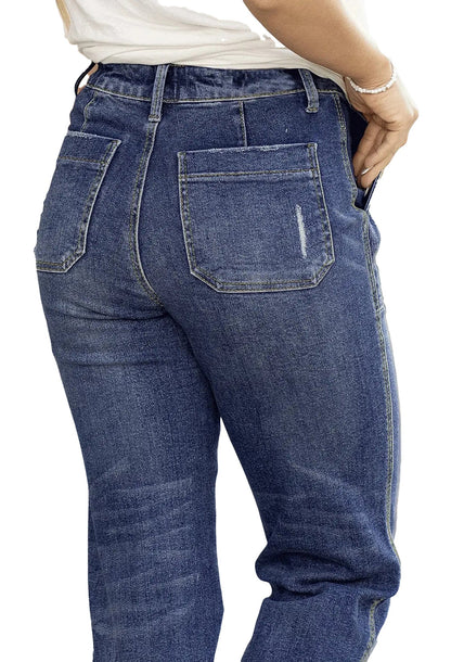 Back view of slim fit tie-waist denim jeans for women in dark blue with pockets