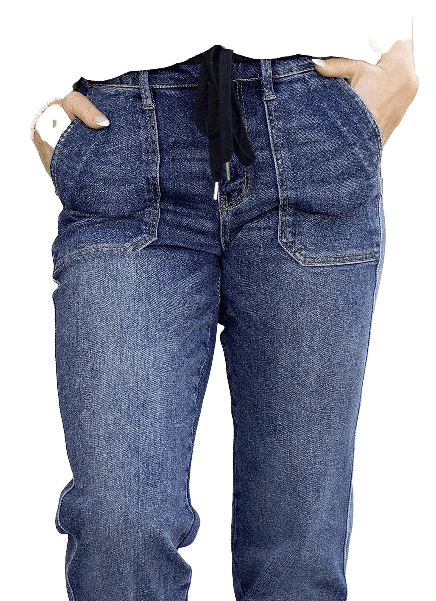 Slim fit tie-waist denim jeans for women in dark blue with pockets and a stylish drawstring