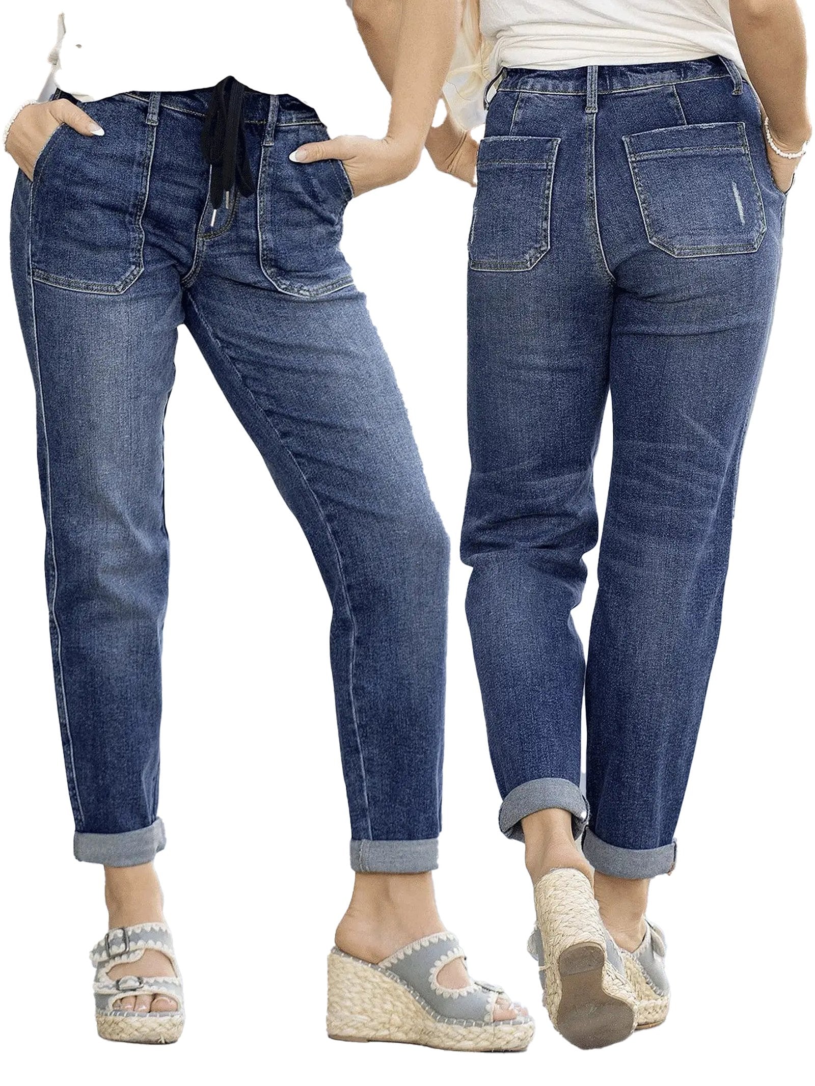 Luxury slim fit tie-waist denim jeans for women with stylish rolled cuffs and practical pockets