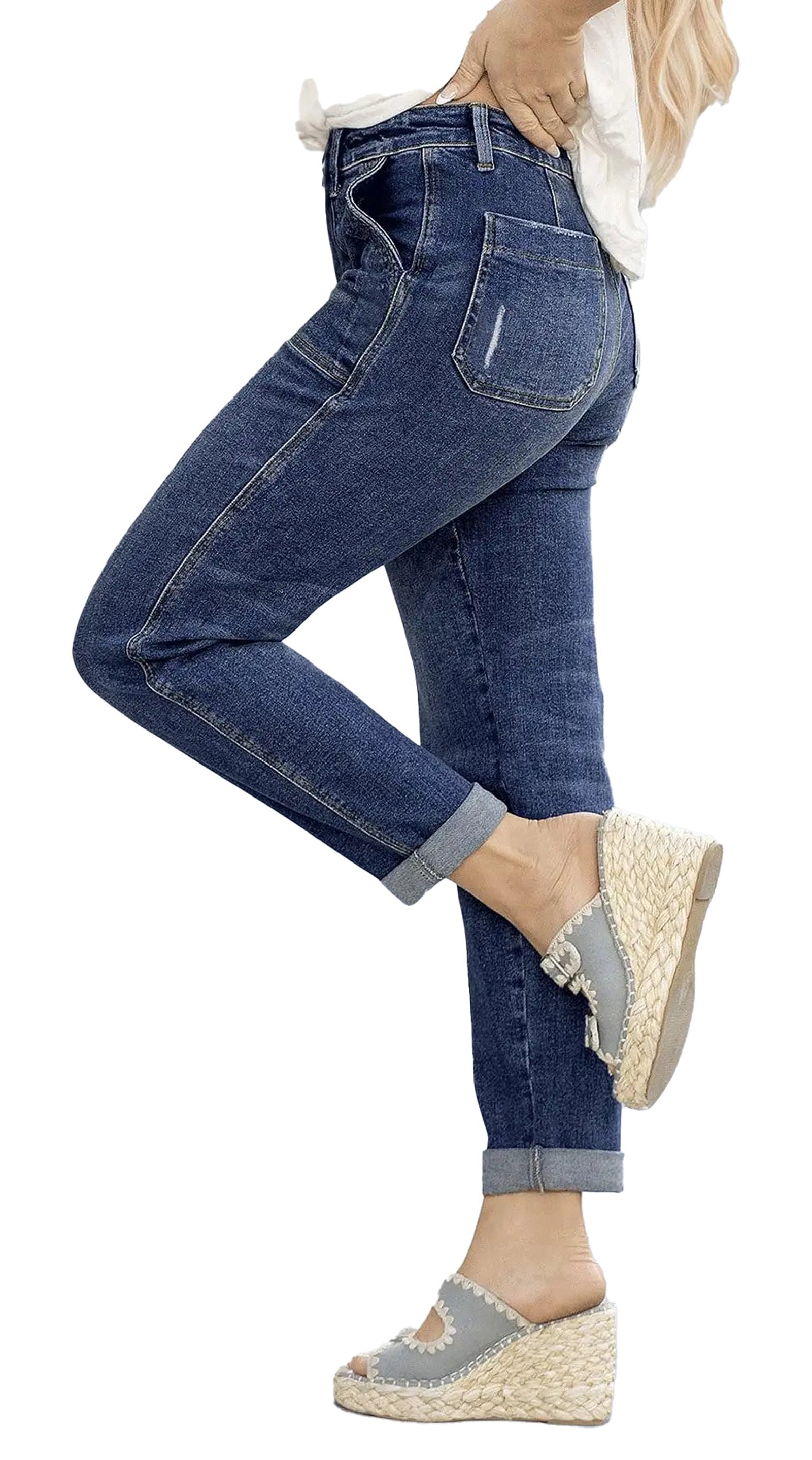 Slim fit tie-waist denim jeans for women in dark wash with rolled cuffs and side pockets