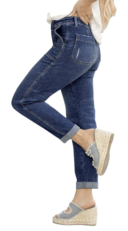 Slim fit tie-waist denim jeans for women in dark wash with rolled cuffs and side pockets
