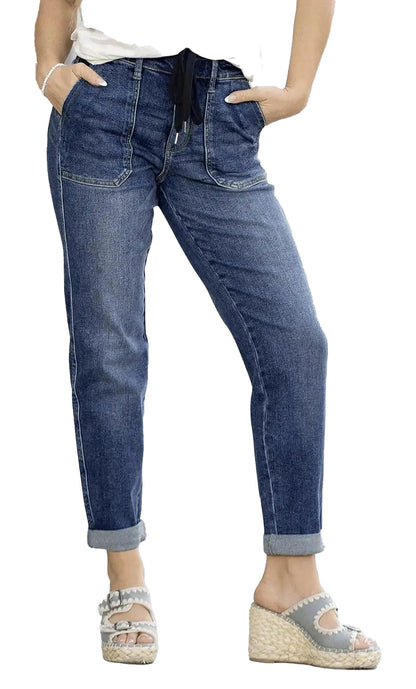 Slim fit tie-waist denim jeans for women by LuckeLadybug LLC with rolled cuffs and front pockets