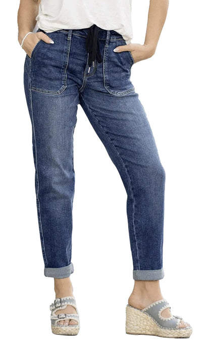 LuckeLadybug slim fit tie-waist denim jeans for women with pockets and rolled cuffs