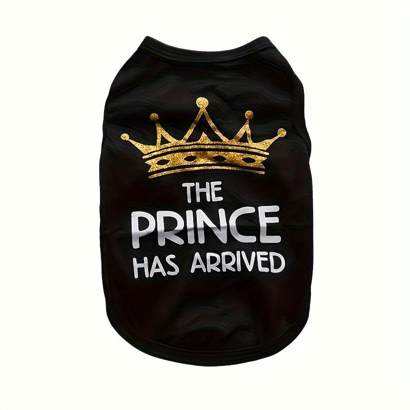 Black cotton shirt for small dogs featuring 'The Prince Has Arrived' text and crown design, perfect for stylish pets
