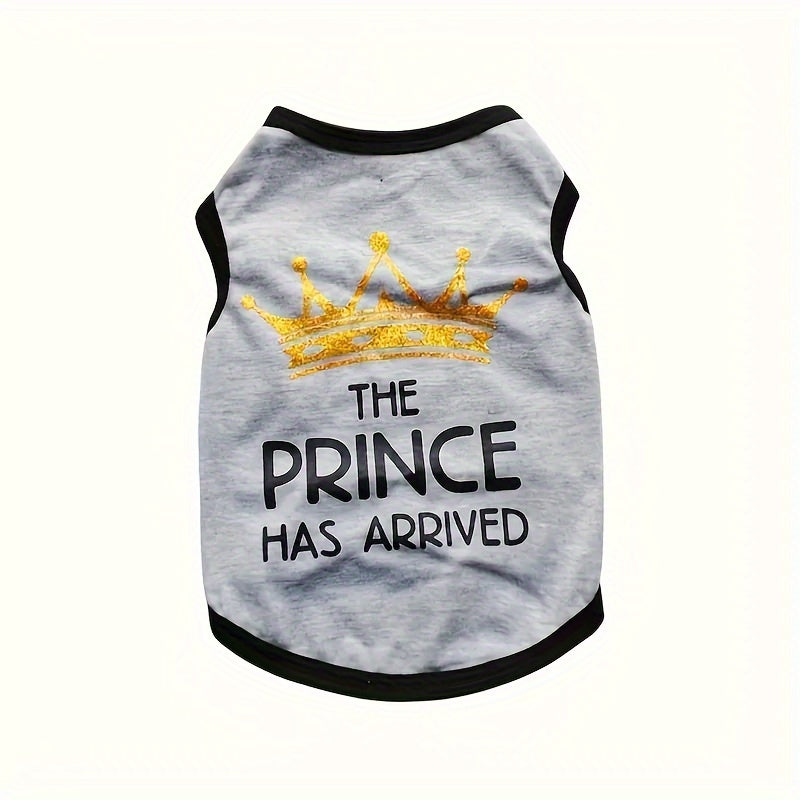 Small dog shirts cotton pack featuring a gray shirt with a golden crown and the text The Prince Has Arrived