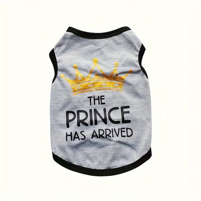 Small dog shirts cotton pack featuring a gray shirt with a golden crown and the text The Prince Has Arrived