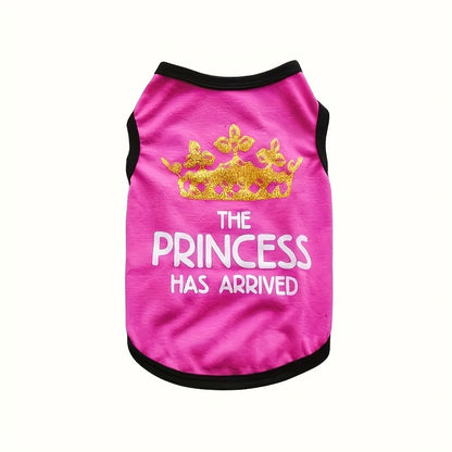 Pink cotton small dog shirt pack with 'The Princess Has Arrived' design and crown graphic