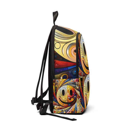Colorful smiley face backpack for kids with abstract swirl design by LuckeLadybug