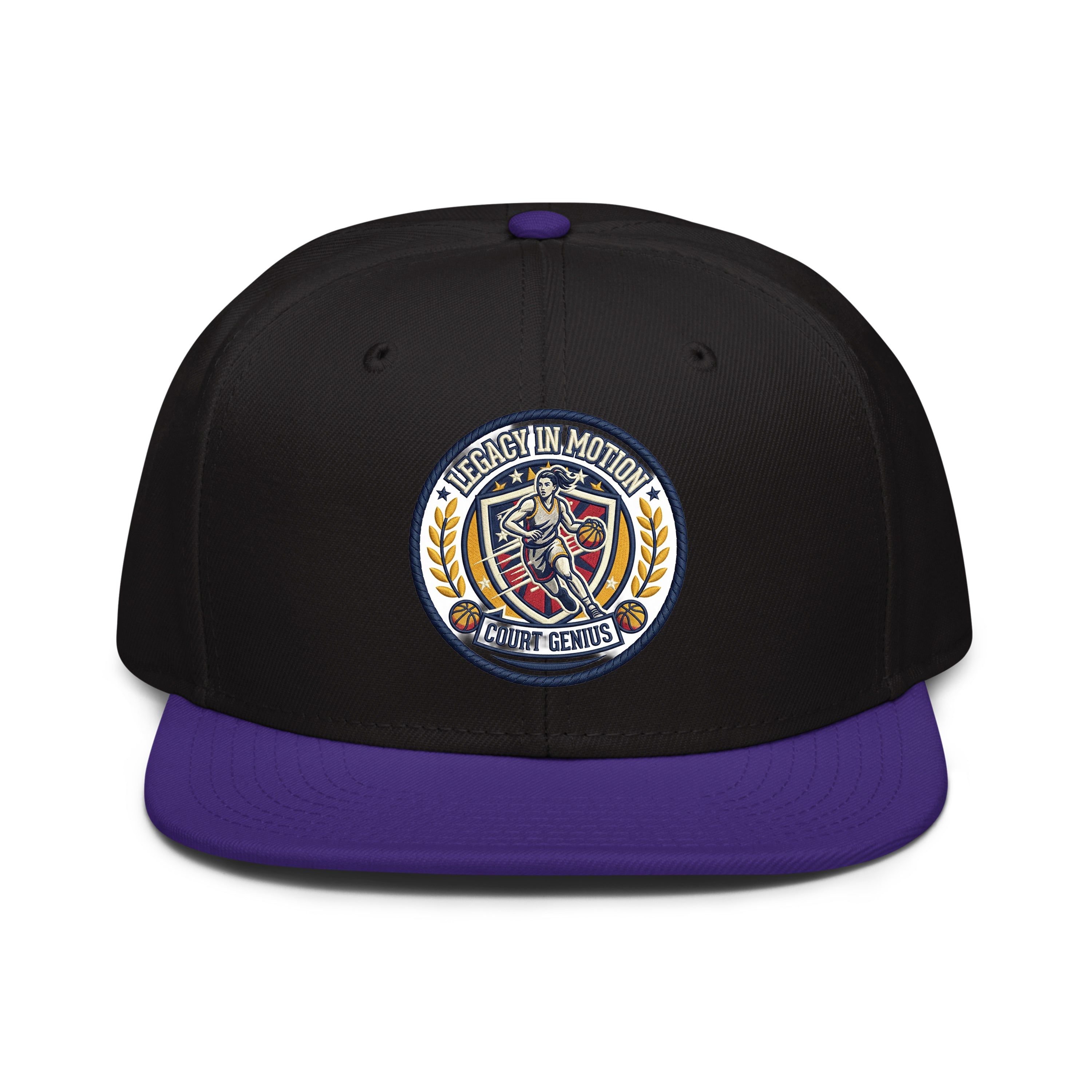 LuckeLadybug LLC Legacy in Motion Black and Purple hat snapback with emblem design