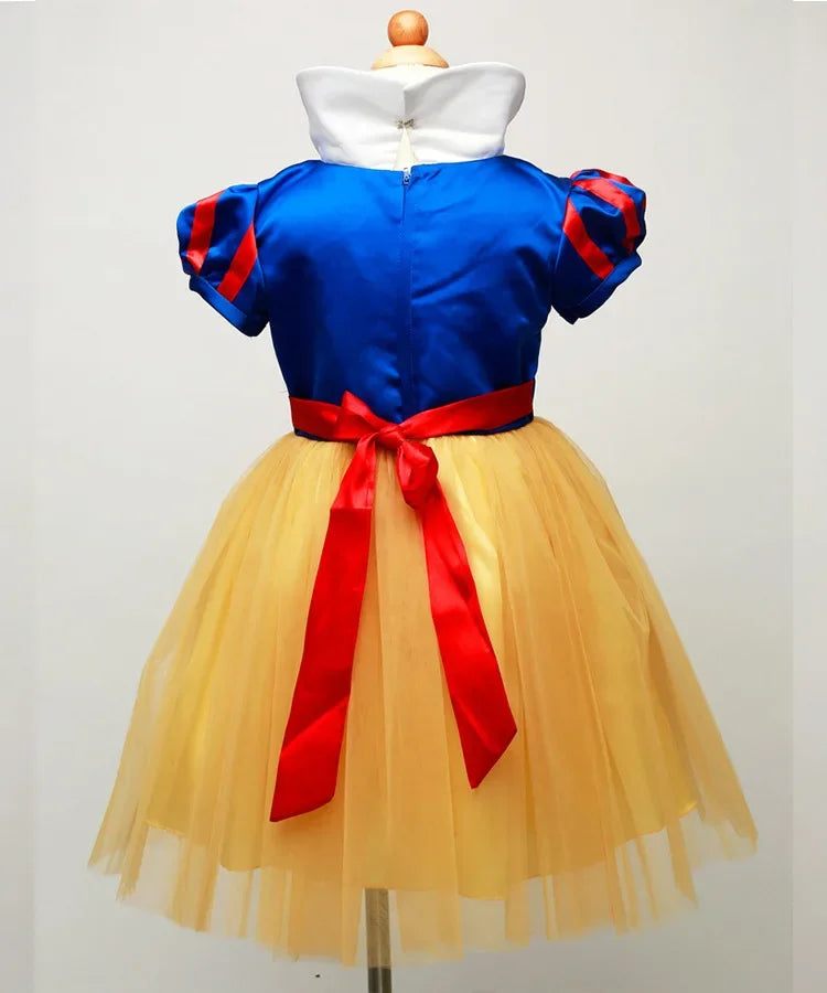 Snow White princess costume for girls featuring a blue top and yellow tulle skirt with red accents