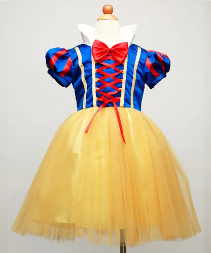 Snow White princess costume for girls featuring a blue bodice, yellow tulle skirt, and a red bow