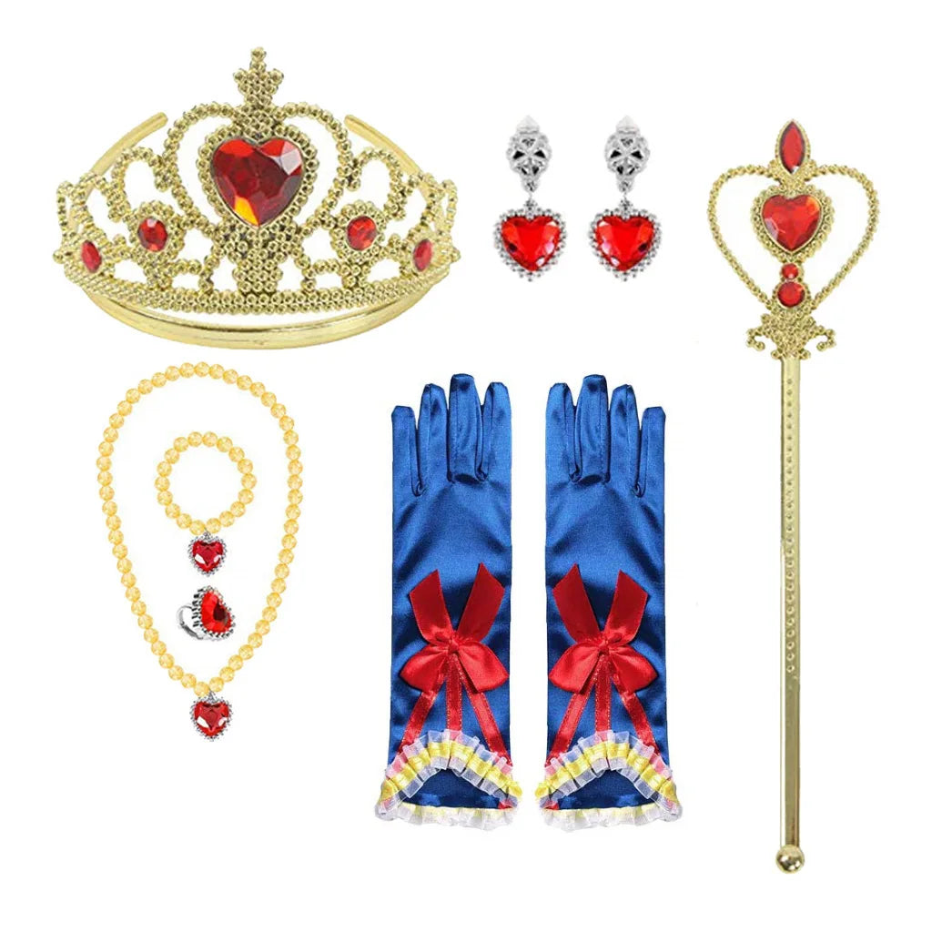 Snow White princess costume for girls with crown, gloves, jewelry, and wand accessories