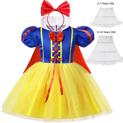 Snow White princess costume for girls with blue bodice, yellow skirt, red bow, and matching headband