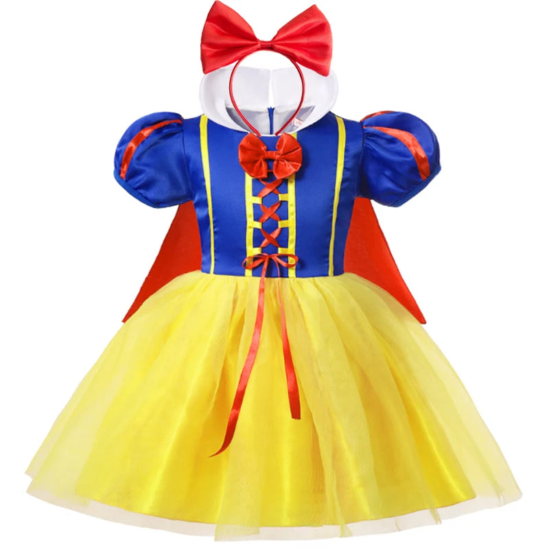 Snow White princess costume for girls featuring a blue bodice, yellow skirt, and red bow headband