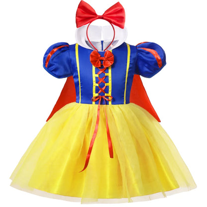 Snow White princess costume for girls featuring a blue bodice, yellow skirt, and red bow headband