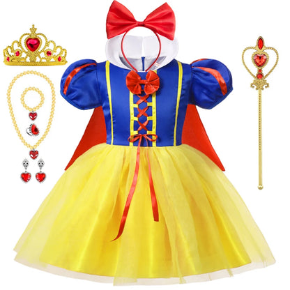 LuckeLadybug LLC Snow White princess costume for girls with crown, necklace, and wand accessories