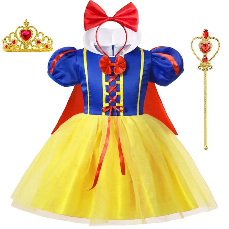 Snow White princess costume for girls featuring blue and yellow dress with red accents and crown