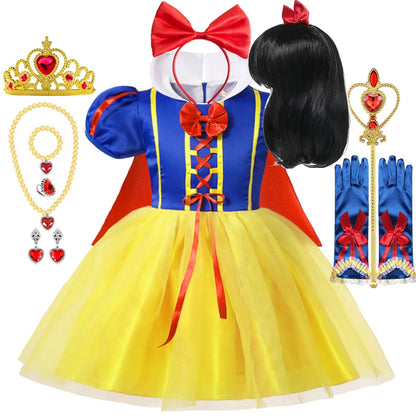 Snow White princess costume for girls featuring dress, crown, gloves, wig, and accessories