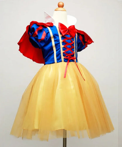 Snow White princess costume for girls featuring a blue bodice and a yellow tulle skirt
