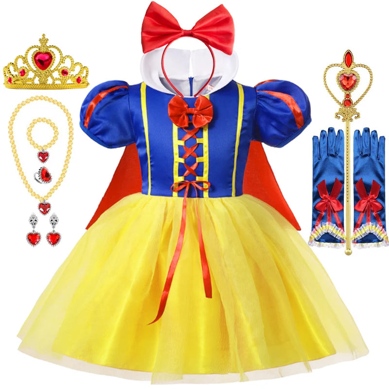 Snow White princess costume for girls with crown, necklace, gloves, and wand in colorful design