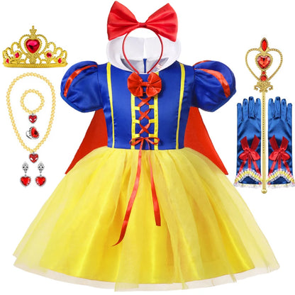 Snow White princess costume for girls with crown, necklace, gloves, and wand in colorful design