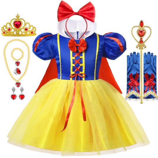 Snow White princess costume for girls with crown, necklace, gloves, and wand in colorful design