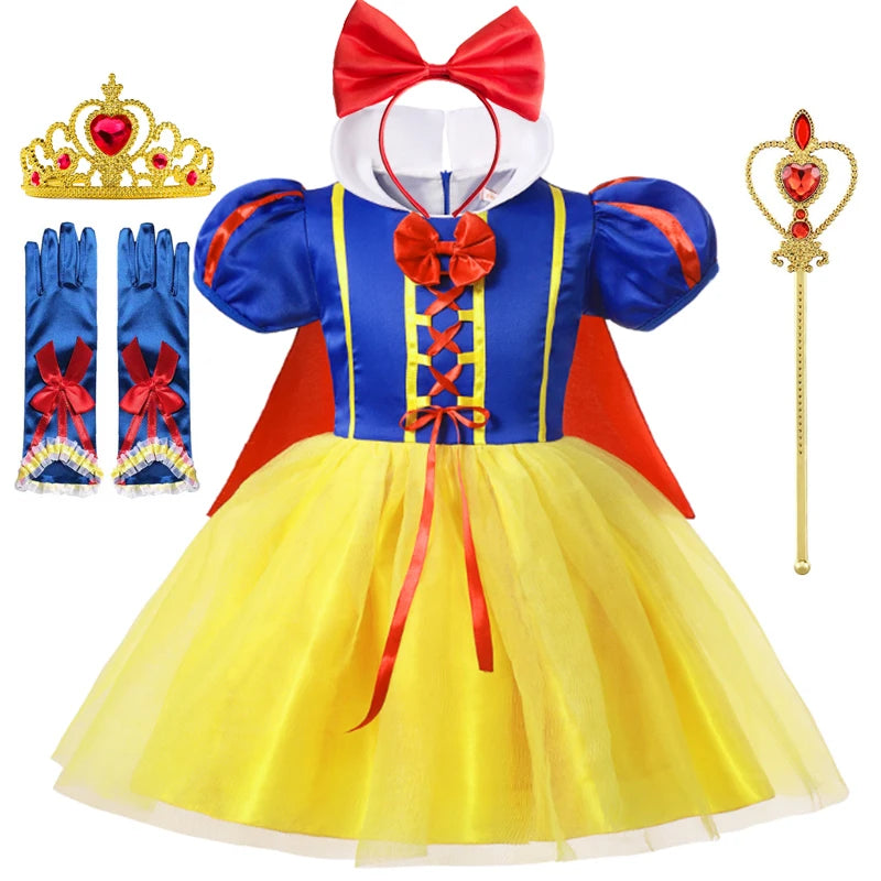 LuckeLadybug LLC Snow White princess costume for girls with bow, gloves, tiara, and wand