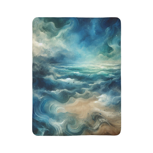 LuckeLadybug Sherpa Blanket with soft abstract pattern blanket in blue and sandy tones