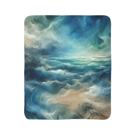 LuckeLadybug sherpa blanket with soft abstract pattern blanket design in blue and beige tones