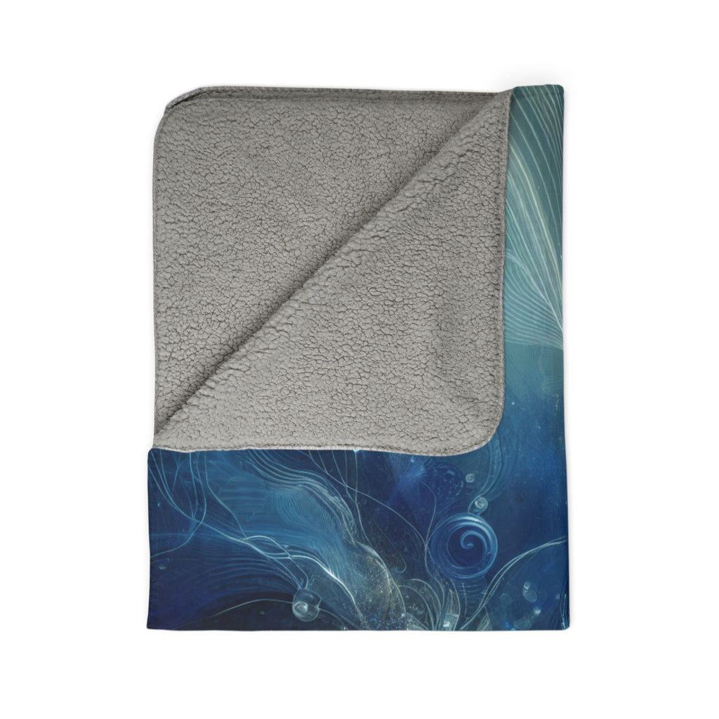 LuckeLadybug soft blue sherpa throw blanket with a cozy gray sherpa lining and artistic blue design