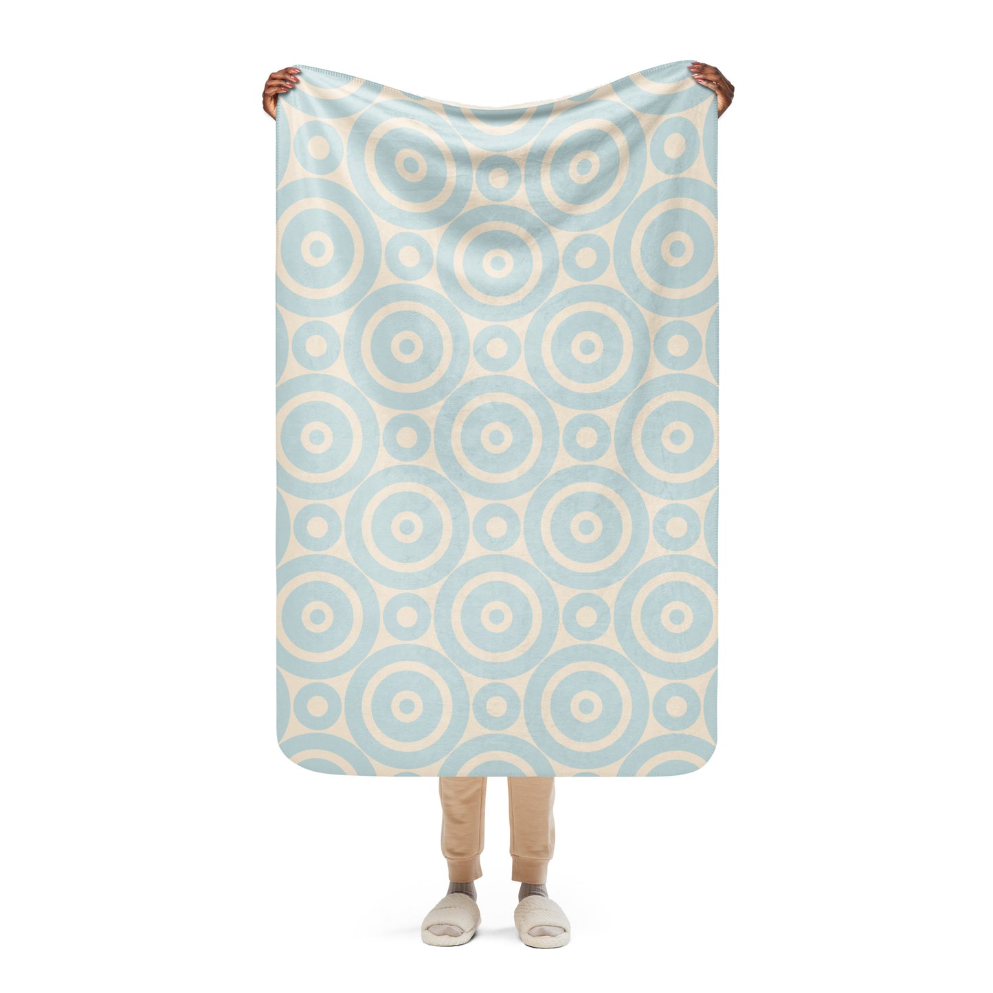 LuckeLadybug sherpa blanket featuring a soft circle design throw blanket in light blue and cream colors