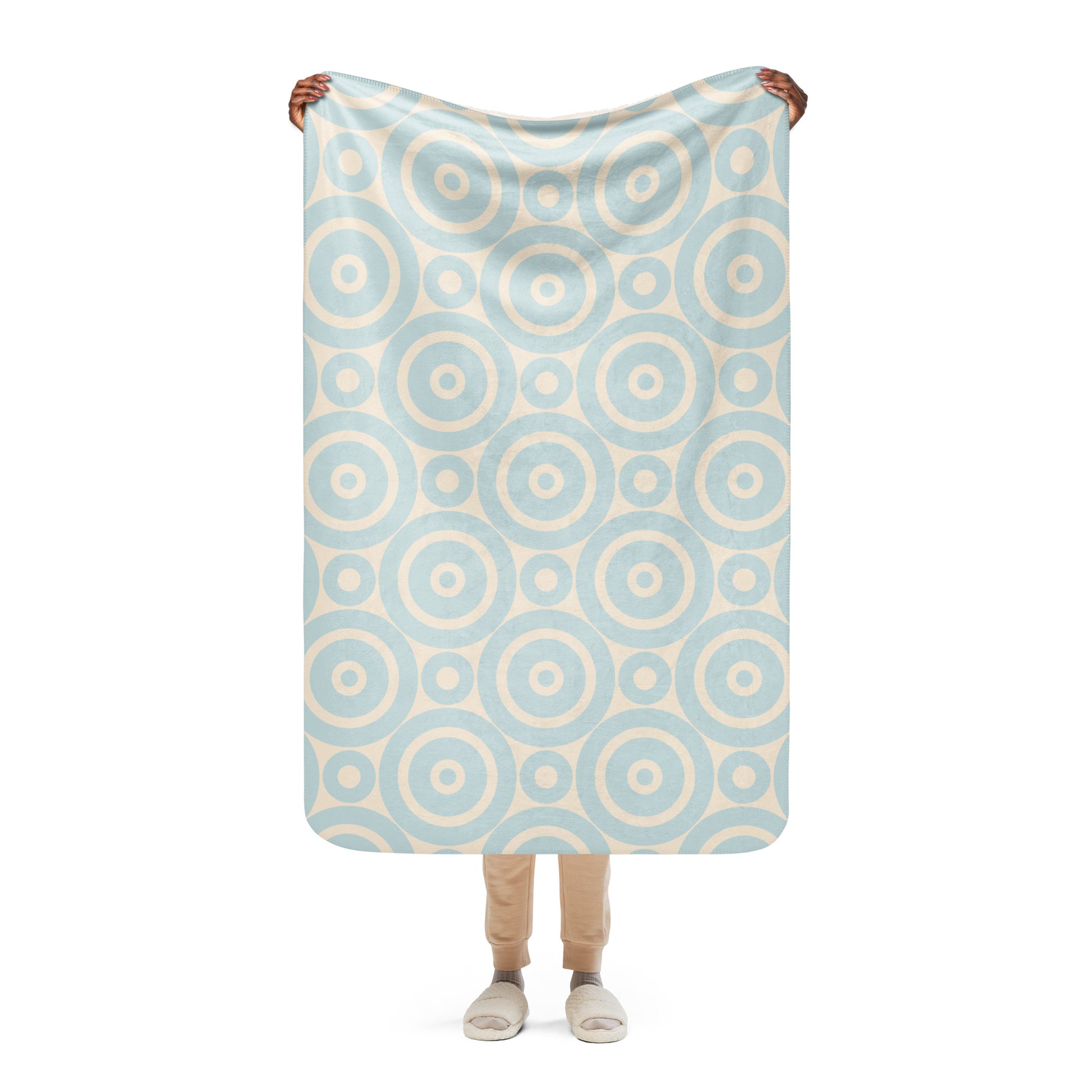 LuckeLadybug sherpa blanket featuring a soft circle design throw blanket in light blue and cream colors
