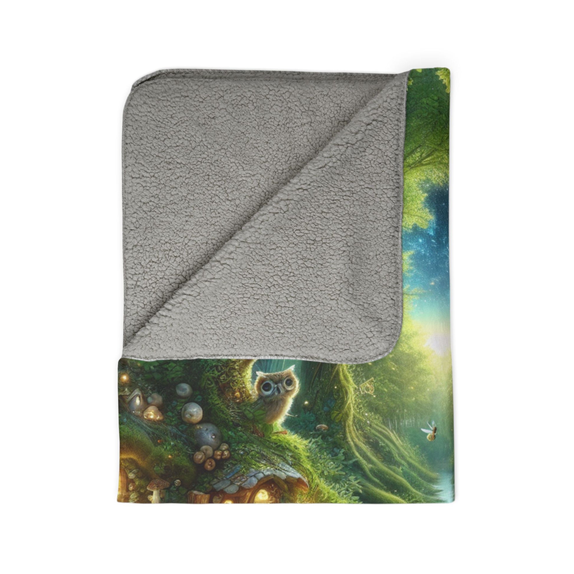 LuckeLadybug sherpa blanket with soft fairy tale fleece throw featuring an owl in a magical forest design