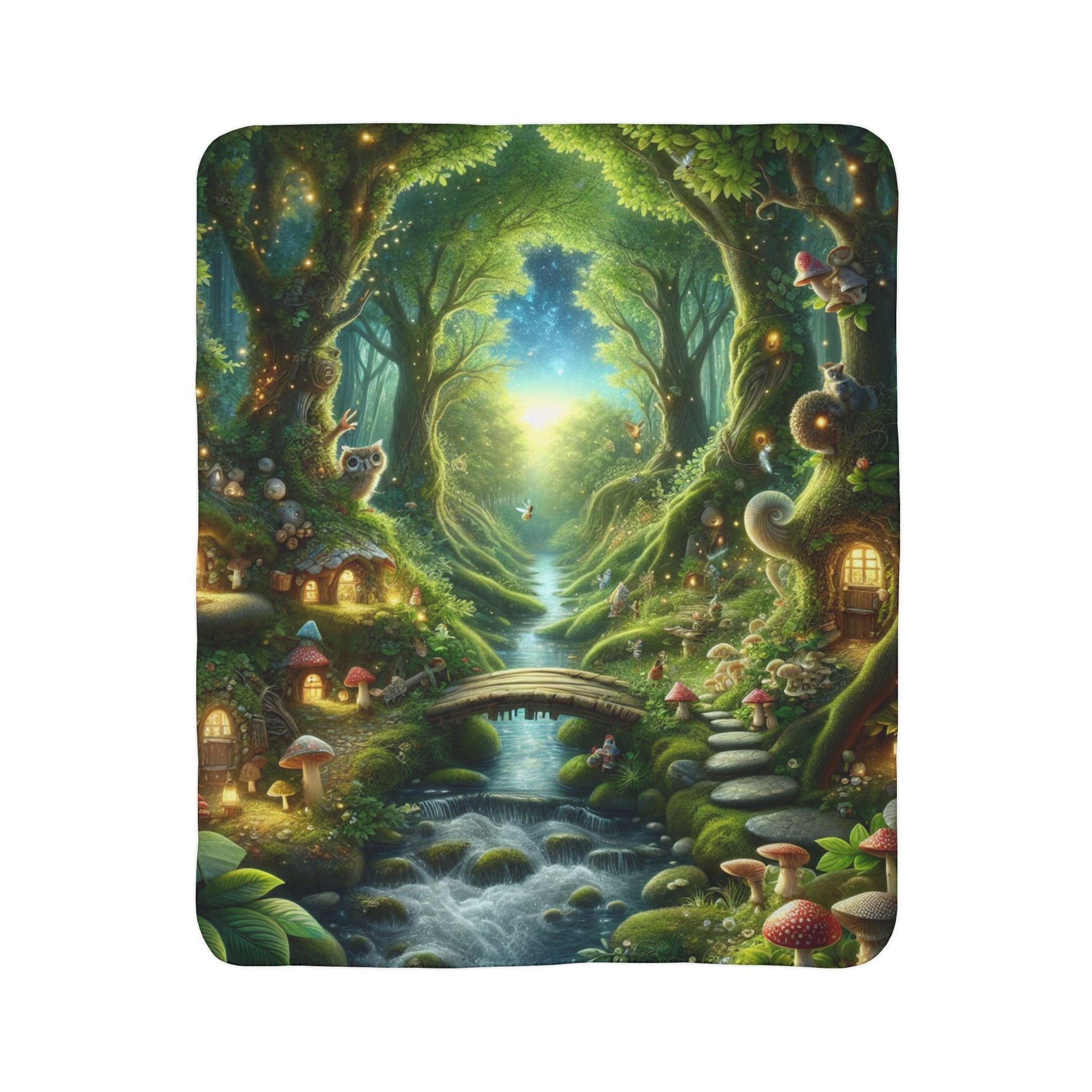 LuckeLadybug sherpa blanket featuring a soft fairy tale fleece throw design with whimsical forest and glowing mushrooms