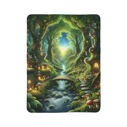 Soft fairy tale fleece throw by LuckeLadybug featuring an enchanted forest with glowing mushrooms and a flowing stream