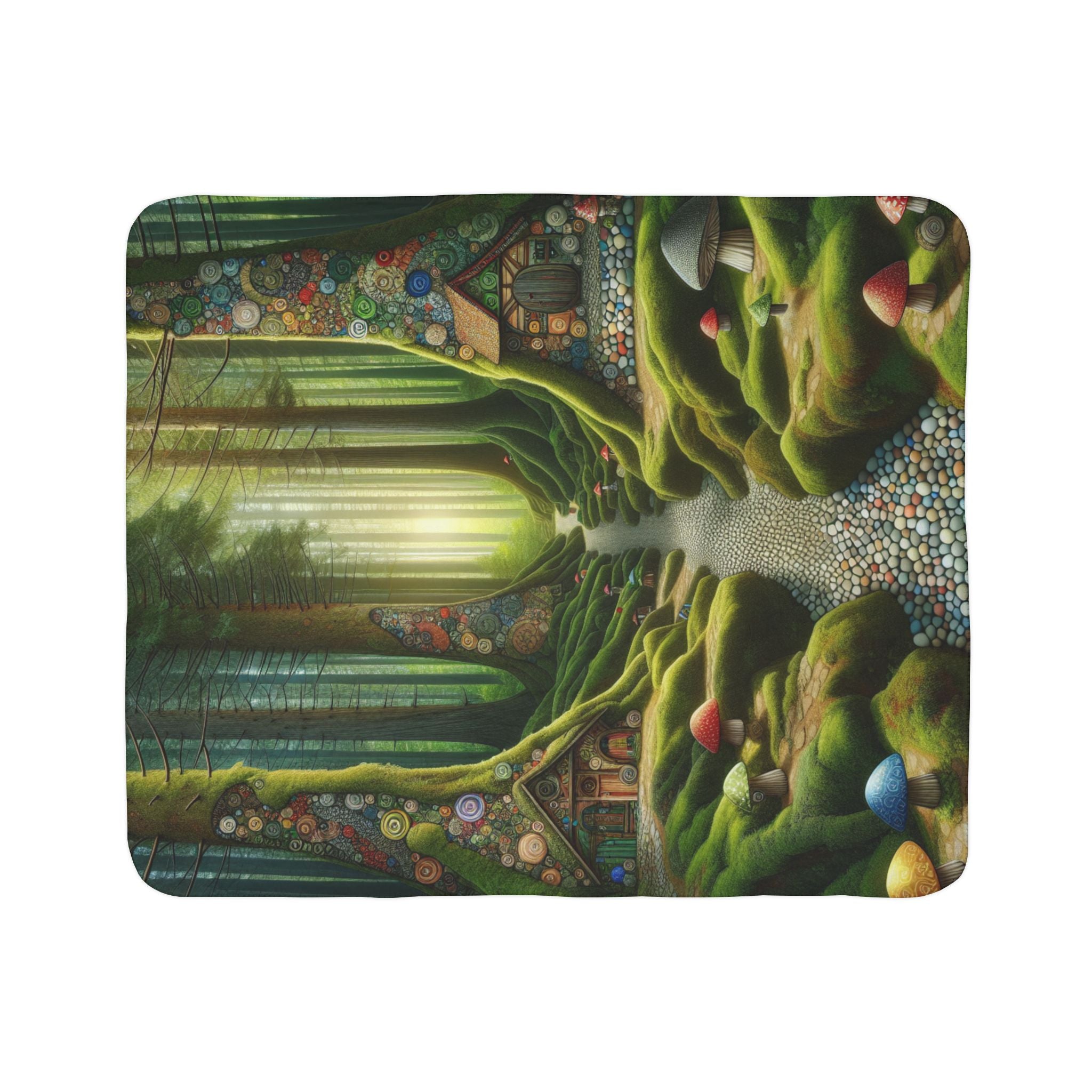 LuckeLadybug soft sherpa blanket for bedroom decor featuring a colorful fantasy forest scene with mushroom houses