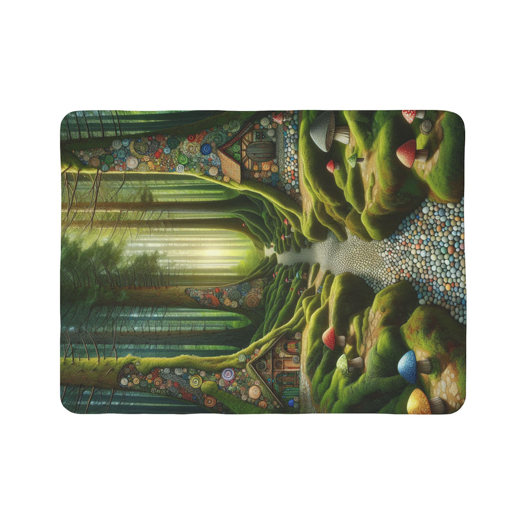 LuckeLadybug soft sherpa blanket for bedroom decor featuring a whimsical forest path with colorful mushrooms and cozy cottages