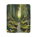 LuckeLadybug soft sherpa blanket for bedroom decor featuring a whimsical forest scene with mossy trees and colorful mushrooms