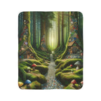 LuckeLadybug soft sherpa blanket for bedroom decor featuring a whimsical forest scene with mossy trees and colorful mushrooms