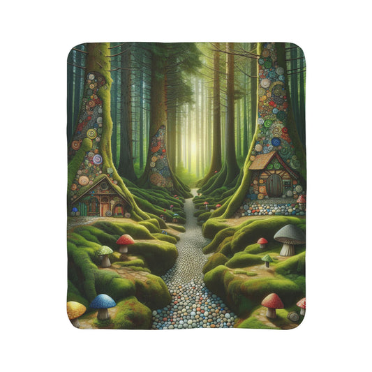 LuckeLadybug soft sherpa blanket for bedroom decor featuring a whimsical forest scene with mossy trees and colorful mushrooms