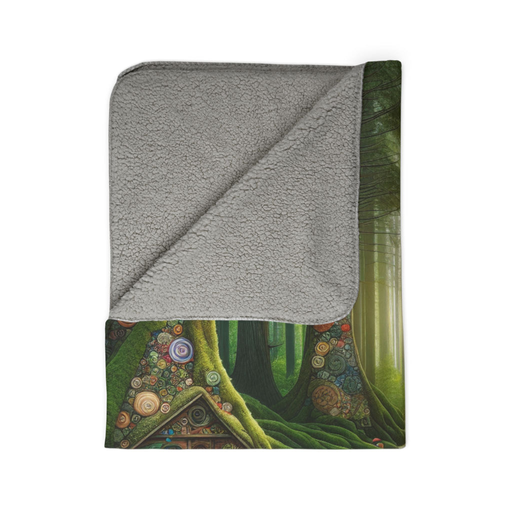 LuckeLadybug soft sherpa blanket for bedroom decor with forest and tree design and gray fleece backing