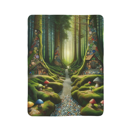 LuckeLadybug soft sherpa blanket for bedroom decor featuring a whimsical forest path with colorful mushrooms and fairy houses