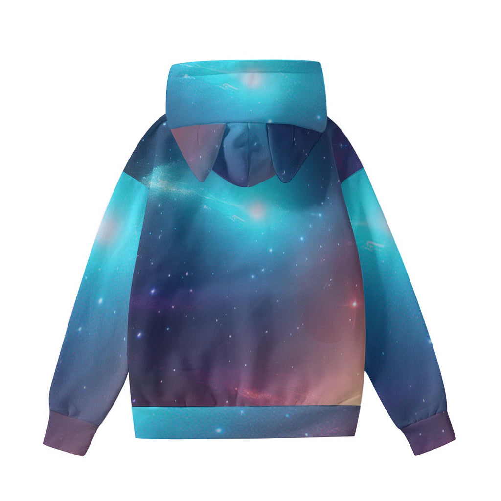 space cat ear hoodie for women with galaxy print and attached cat ears on the hood