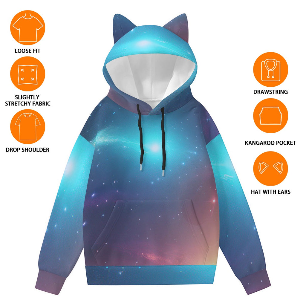 space cat ear hoodie for women with galaxy print, kangaroo pocket, and drawstring hood