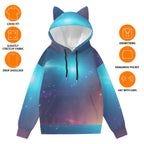 space cat ear hoodie for women with galaxy print, kangaroo pocket, and drawstring hood