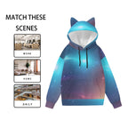 space cat ear hoodie for women with galaxy print in blue and purple shades
