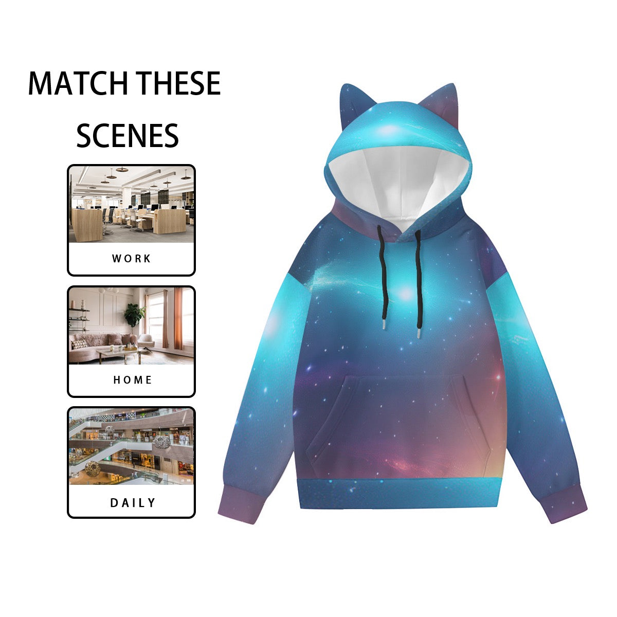 space cat ear hoodie for women with galaxy print in blue and purple shades