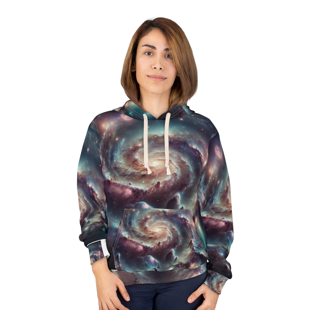 LuckeLadybug space themed mens sweatshirt hoodie with galaxy swirl design and front pocket