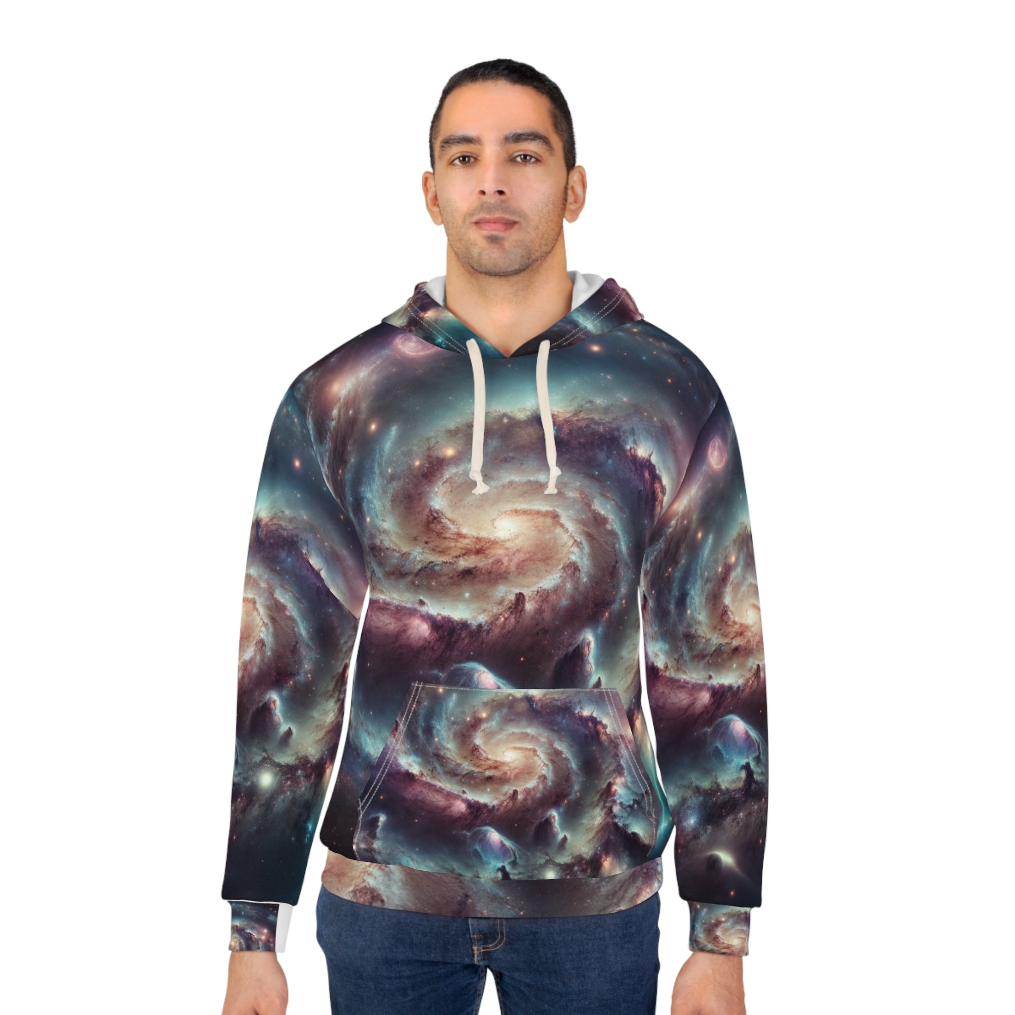 LuckeLadybug space themed mens sweatshirt hoodie with galaxy spiral design and front pocket