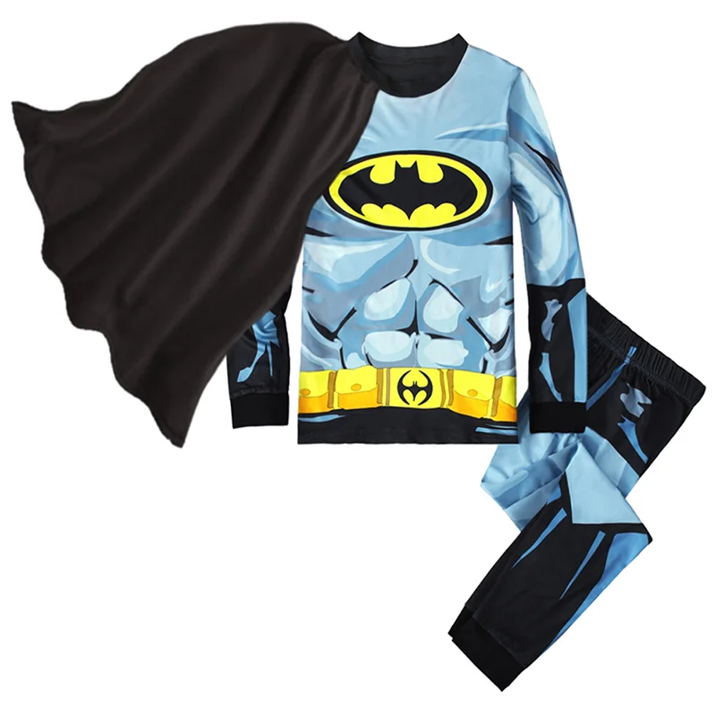 Batman costume pajama set for boys with a cape and muscle design in blue and black